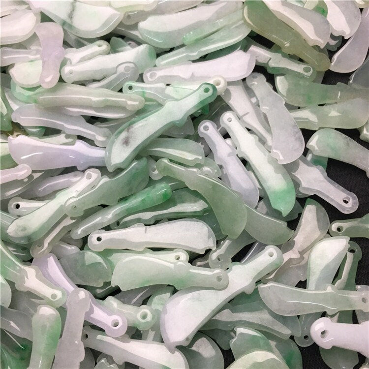 10PCS lot Wholesale  Knife Shape Hollow Grade A ICY Jade Burma Flat Roundness Beads Perle Chinese Carved ,Myanmar Jadeite