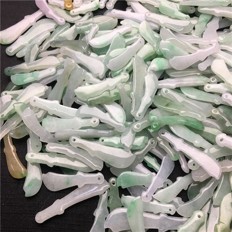 10PCS lot Wholesale  Knife Shape Hollow Grade A ICY Jade Burma Flat Roundness Beads Perle Chinese Carved ,Myanmar Jadeite