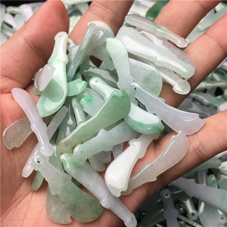 10PCS lot Wholesale  Knife Shape Hollow Grade A ICY Jade Burma Flat Roundness Beads Perle Chinese Carved ,Myanmar Jadeite