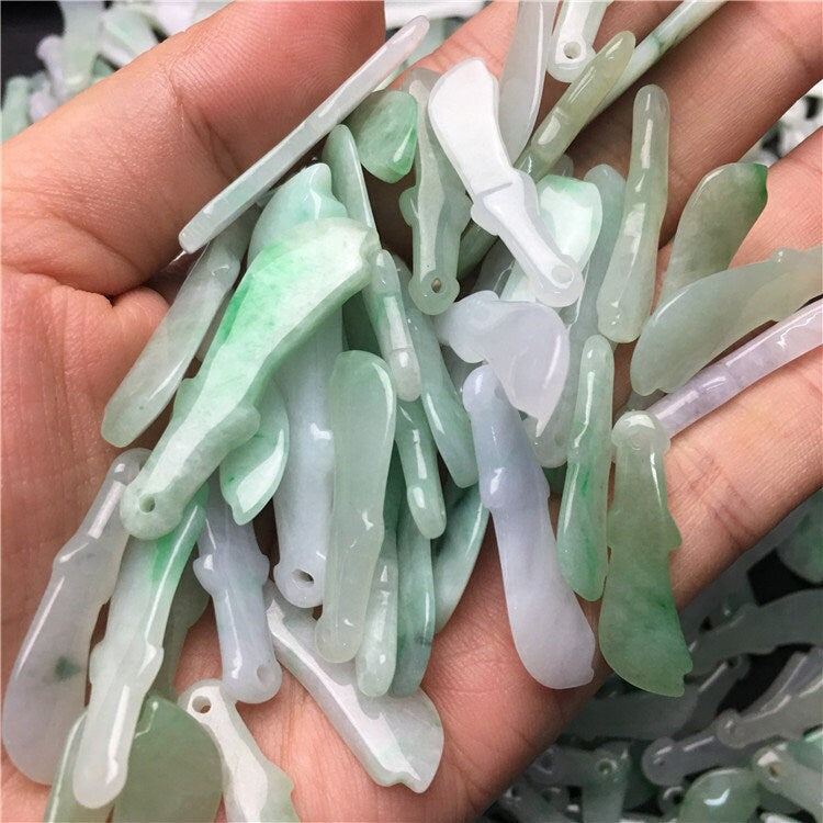 10PCS lot Wholesale  Knife Shape Hollow Grade A ICY Jade Burma Flat Roundness Beads Perle Chinese Carved ,Myanmar Jadeite