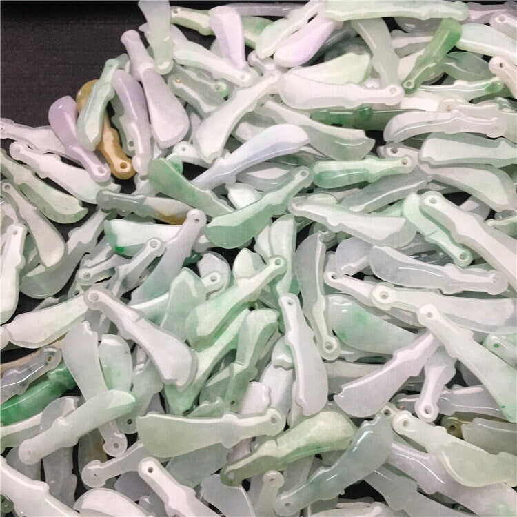 10PCS lot Wholesale  Knife Shape Hollow Grade A ICY Jade Burma Flat Roundness Beads Perle Chinese Carved ,Myanmar Jadeite