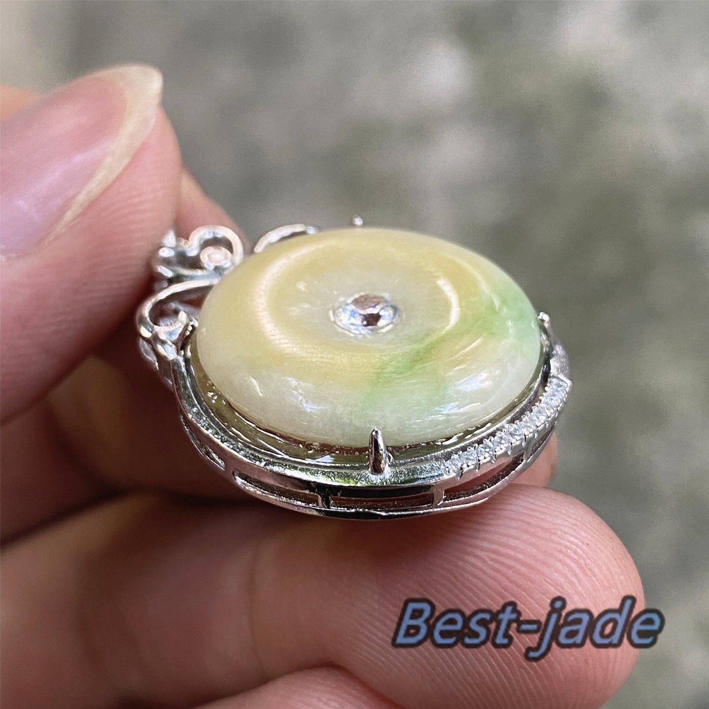 Donut Natural Green Yellow Grade A Jadeite Burma jade Female pendant with 925 Sterling Silver button bail necklace