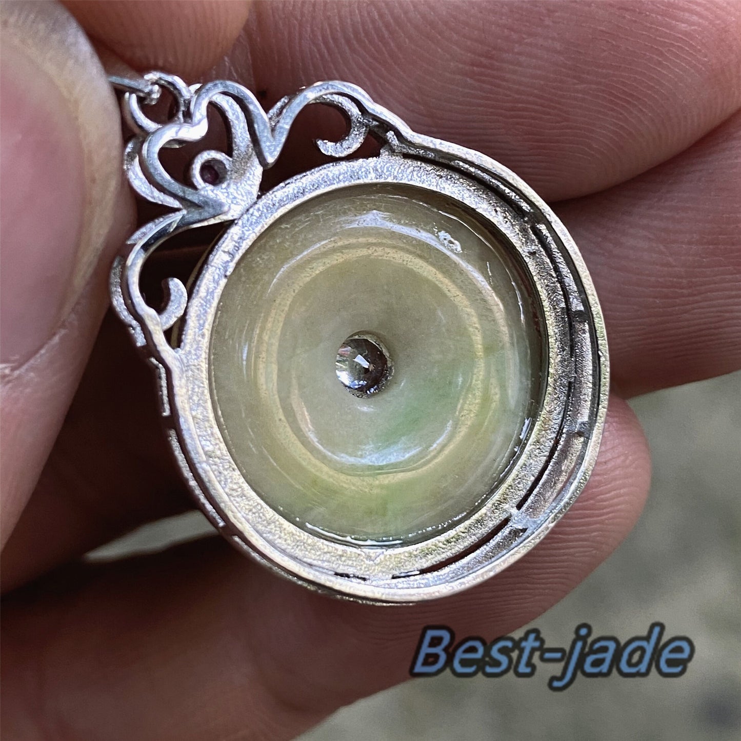 Donut Natural Green Yellow Grade A Jadeite Burma jade Female pendant with 925 Sterling Silver button bail necklace