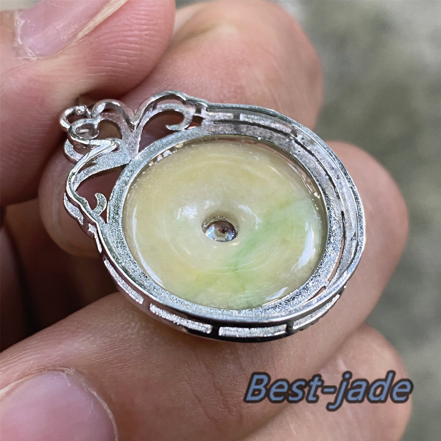 Donut Natural Green Yellow Grade A Jadeite Burma jade Female pendant with 925 Sterling Silver button bail necklace