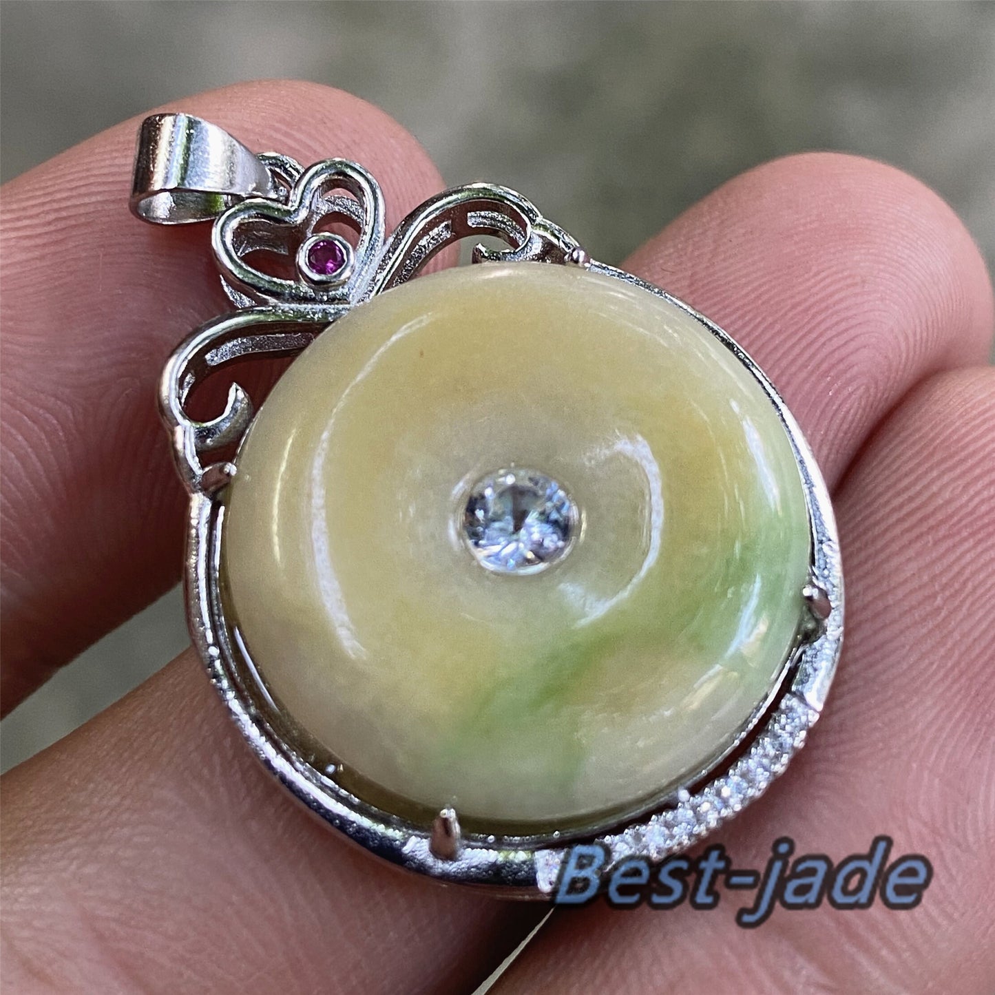 Donut Natural Green Yellow Grade A Jadeite Burma jade Female pendant with 925 Sterling Silver button bail necklace