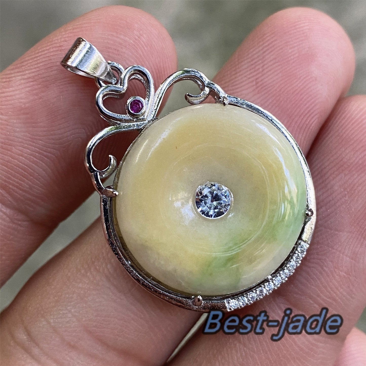 Donut Natural Green Yellow Grade A Jadeite Burma jade Female pendant with 925 Sterling Silver button bail necklace