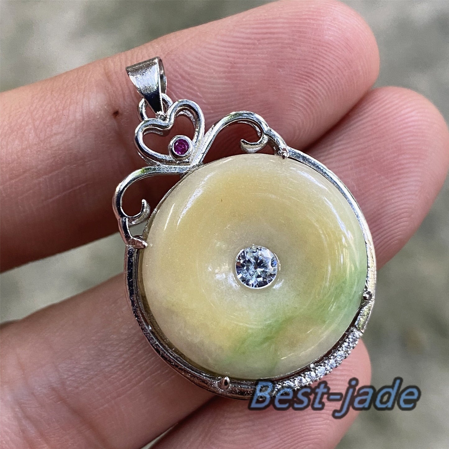 Donut Natural Green Yellow Grade A Jadeite Burma jade Female pendant with 925 Sterling Silver button bail necklace