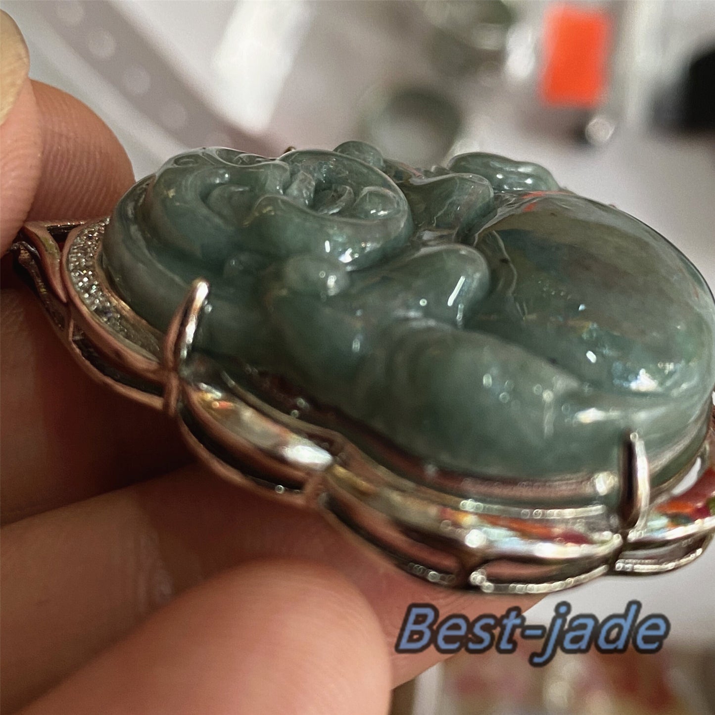 Buddha Grade A Jade Natural Green Burma Jadeite Beads  with 925 Sterling Silver button bail necklace Man pendant Gemstone Ice Type A Jadeite