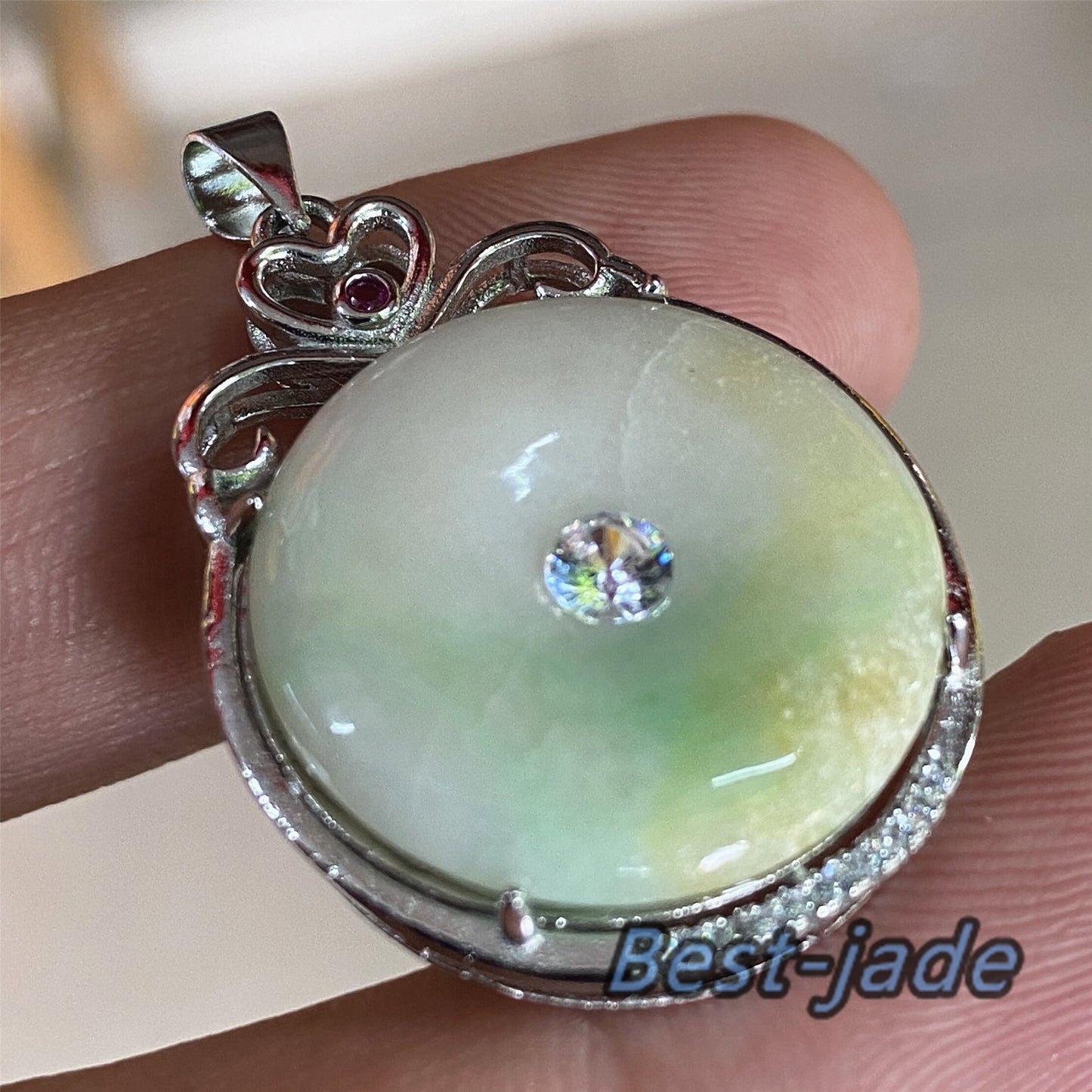 Real Yellow Green Grade A Jadeite Burma jade Female Doughnut pendant with 925 Sterling Silver button bail necklace