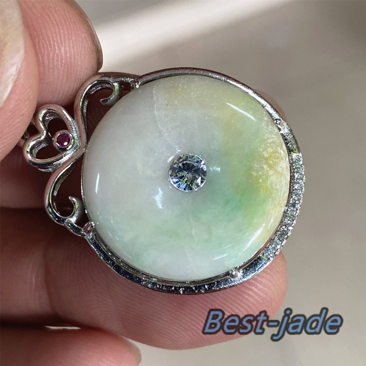 Real Yellow Green Grade A Jadeite Burma jade Female Doughnut pendant with 925 Sterling Silver button bail necklace