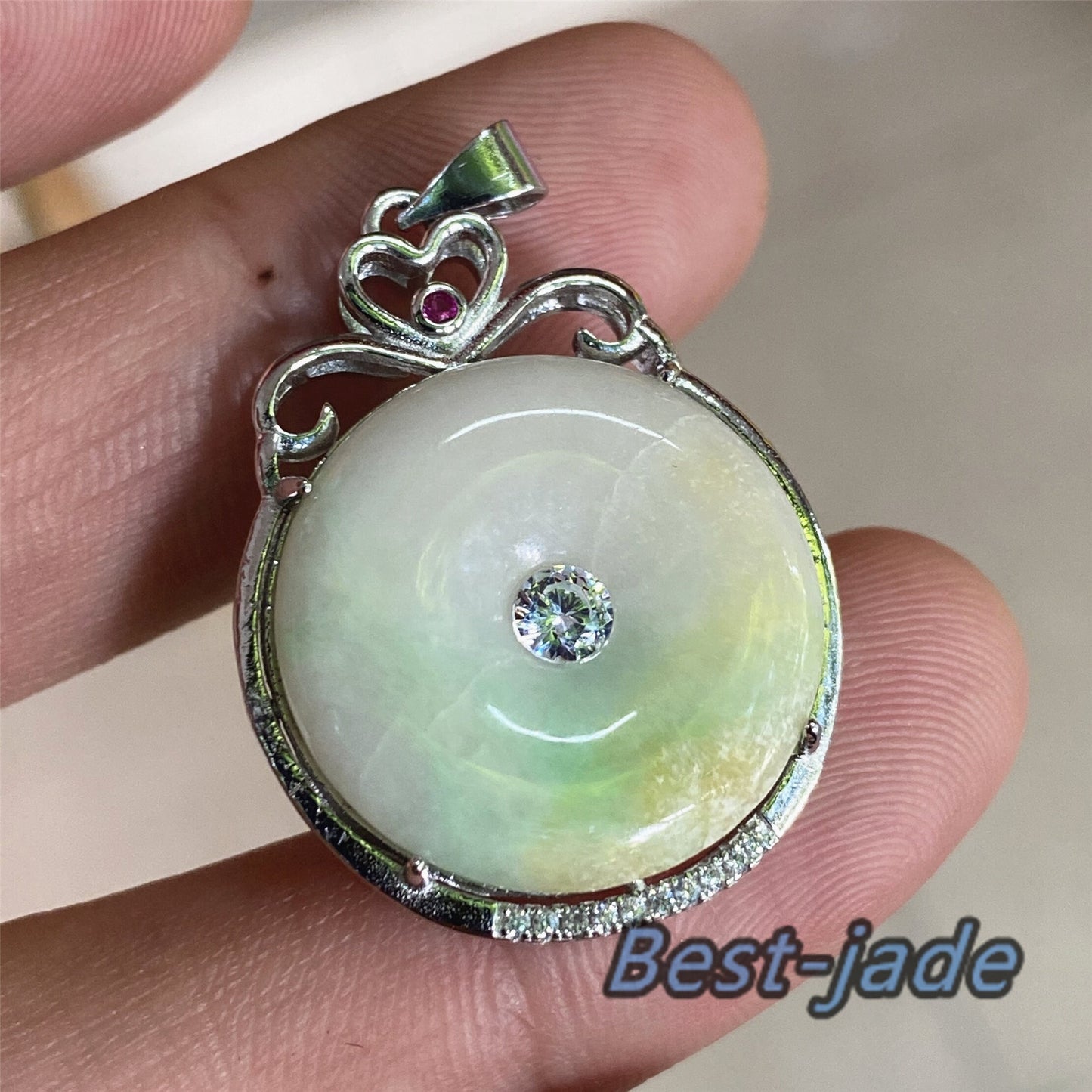 Real Yellow Green Grade A Jadeite Burma jade Female Doughnut pendant with 925 Sterling Silver button bail necklace