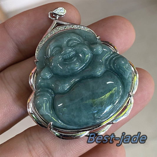 Buddha-Jade der Güteklasse A, natürliche grüne Burma-Jadeit-Perlen mit 925er-Sterlingsilber-Knopfbügel-Halskette, Mann-Anhänger, Edelstein-Eis-Typ-A-Jadeit