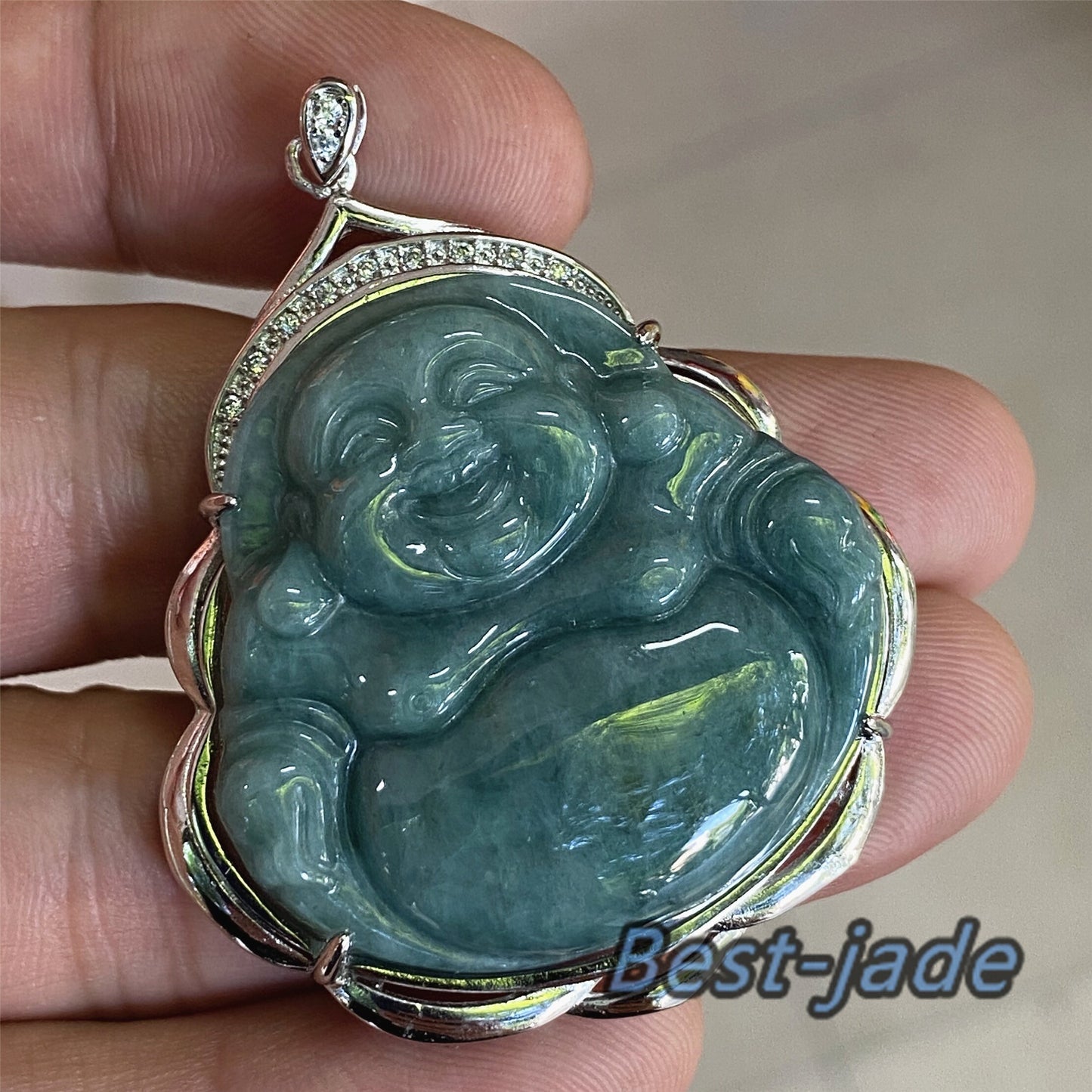 Buddha-Jade der Güteklasse A, natürliche grüne Burma-Jadeit-Perlen mit 925er-Sterlingsilber-Knopfbügel-Halskette, Mann-Anhänger, Edelstein-Eis-Typ-A-Jadeit