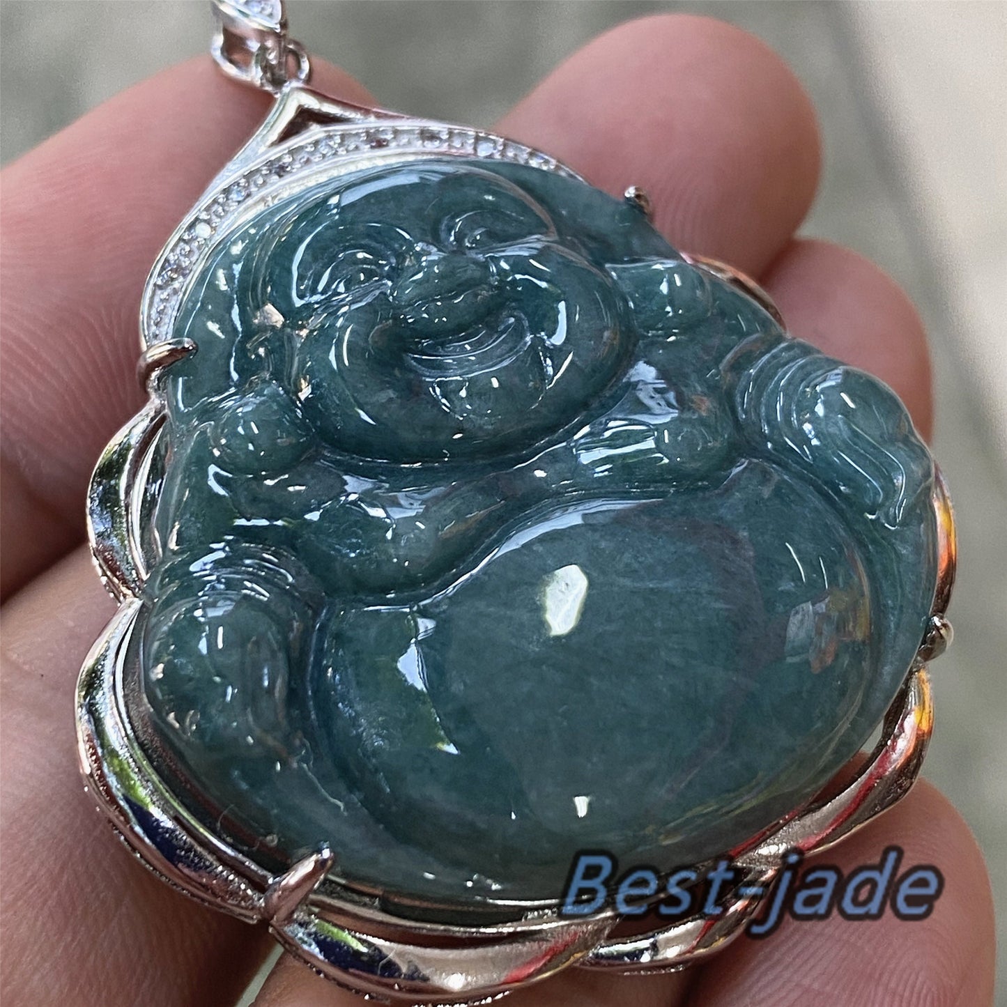 Buddha-Jade der Güteklasse A, natürliche grüne Burma-Jadeit-Perlen mit 925er-Sterlingsilber-Knopfbügel-Halskette, Mann-Anhänger, Edelstein-Eis-Typ-A-Jadeit