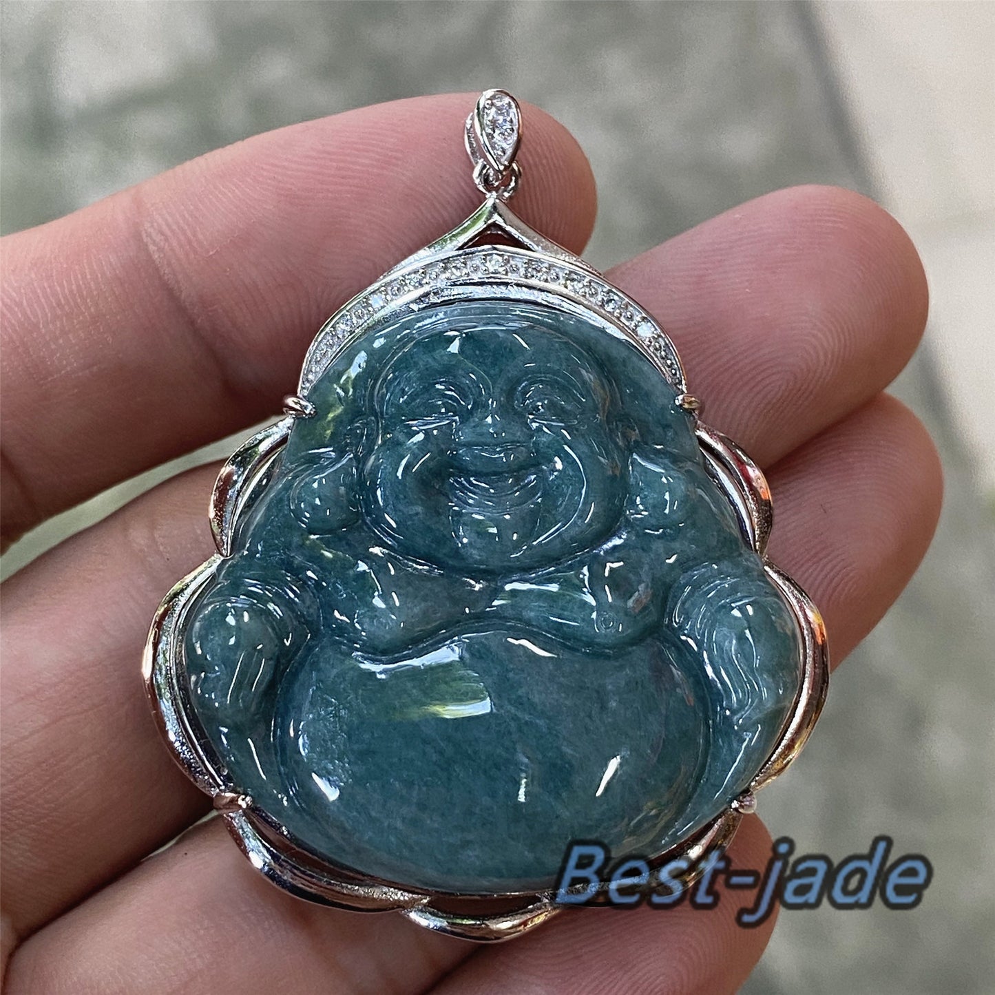 Buddha-Jade der Güteklasse A, natürliche grüne Burma-Jadeit-Perlen mit 925er-Sterlingsilber-Knopfbügel-Halskette, Mann-Anhänger, Edelstein-Eis-Typ-A-Jadeit