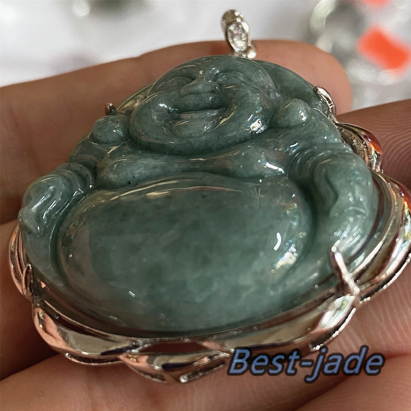 Buddha Grade A Jade Natural Green Burma Jadeite Beads  with 925 Sterling Silver button bail necklace Man pendant Gemstone Ice Type A Jadeite