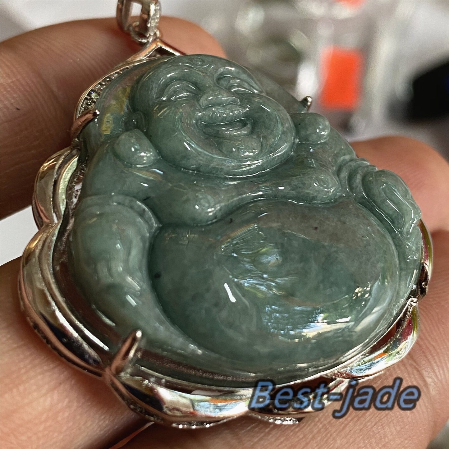 Buddha Grade A Jade Natural Green Burma Jadeite Beads  with 925 Sterling Silver button bail necklace Man pendant Gemstone Ice Type A Jadeite