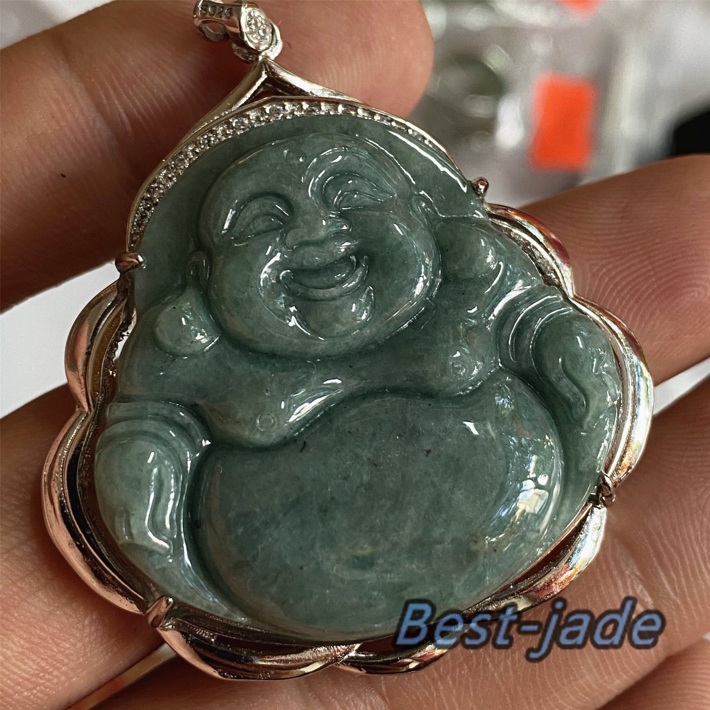 Buddha Grade A Jade Natural Green Burma Jadeite Beads  with 925 Sterling Silver button bail necklace Man pendant Gemstone Ice Type A Jadeite