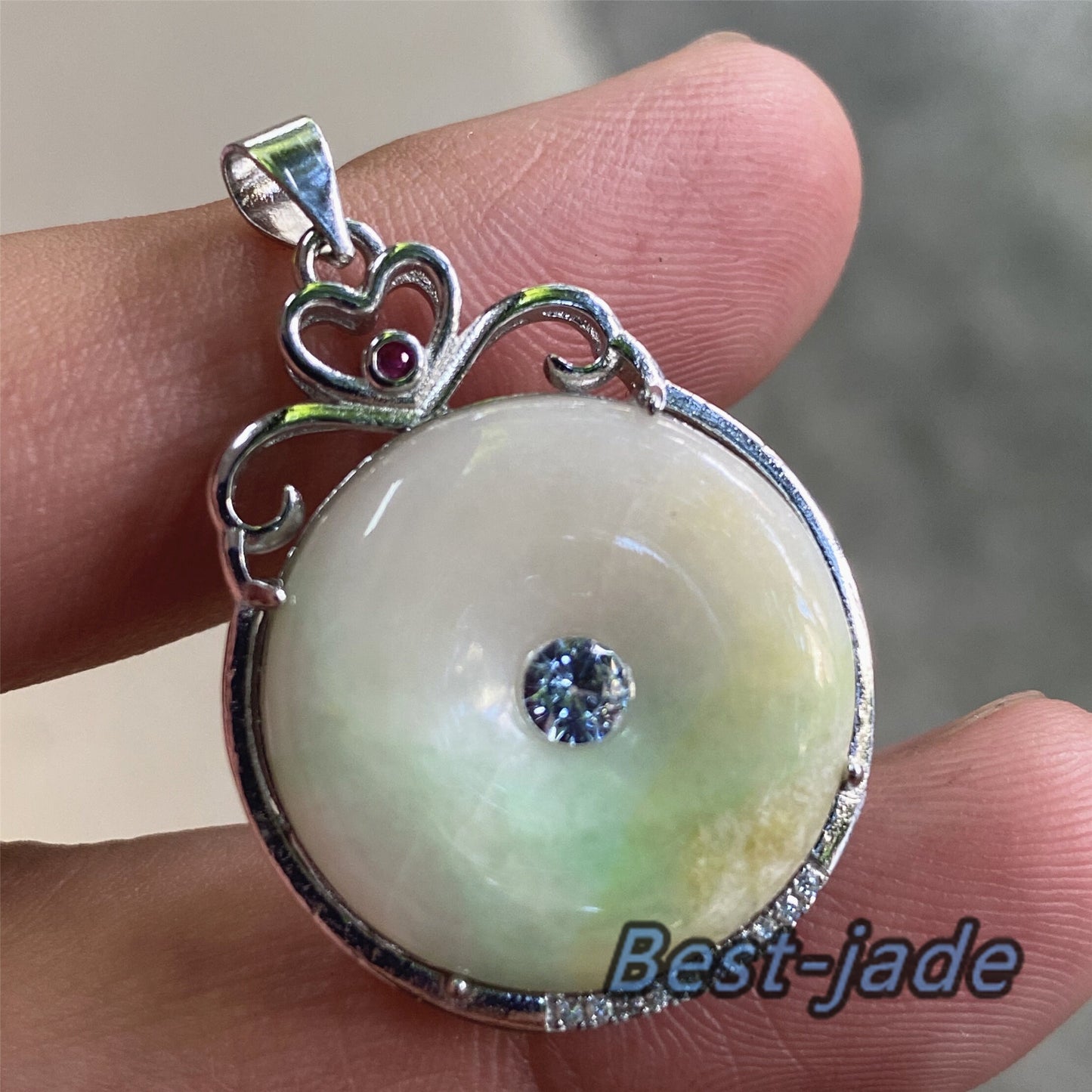 Real Yellow Green Grade A Jadeite Burma jade Female Doughnut pendant with 925 Sterling Silver button bail necklace