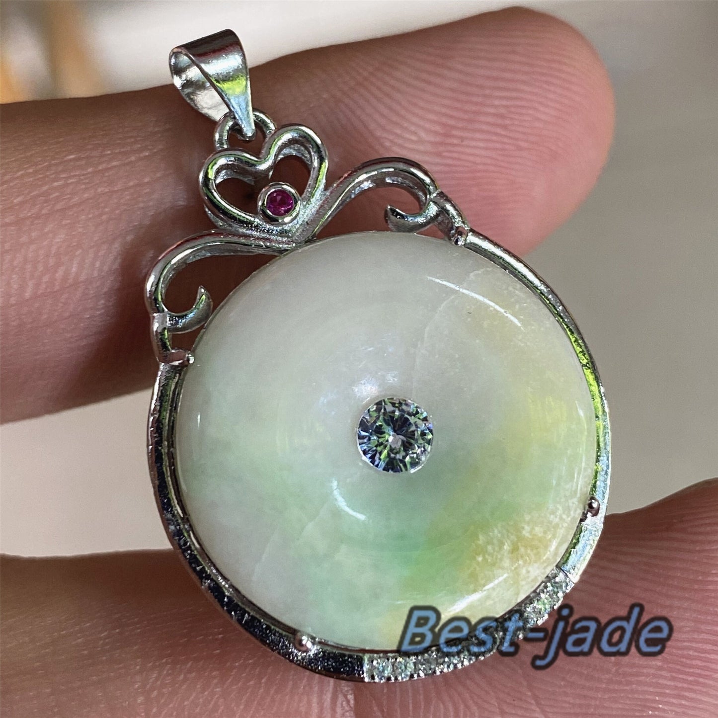 Real Yellow Green Grade A Jadeite Burma jade Female Doughnut pendant with 925 Sterling Silver button bail necklace