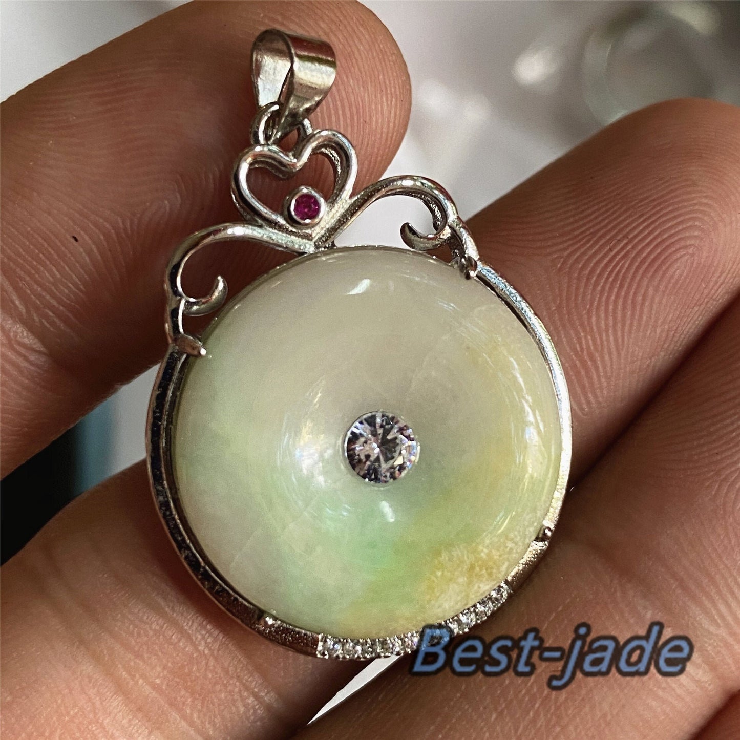 Real Yellow Green Grade A Jadeite Burma jade Female Doughnut pendant with 925 Sterling Silver button bail necklace