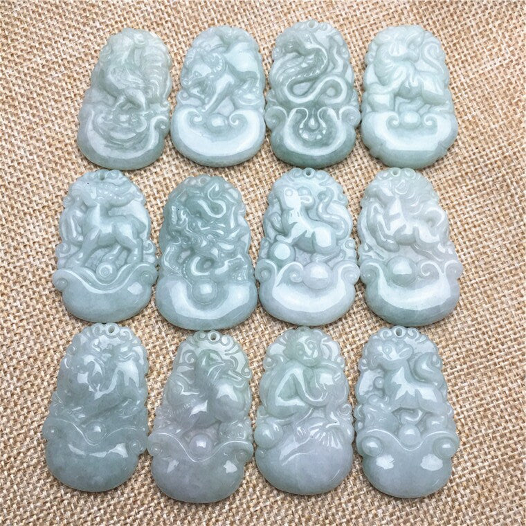 1Set Natural green Burma Jade Chinese Twelve Zodiac pendant Grade A Myanmar Jadeite beads Necklace Dragon RAT cow animal rooster tiger goat