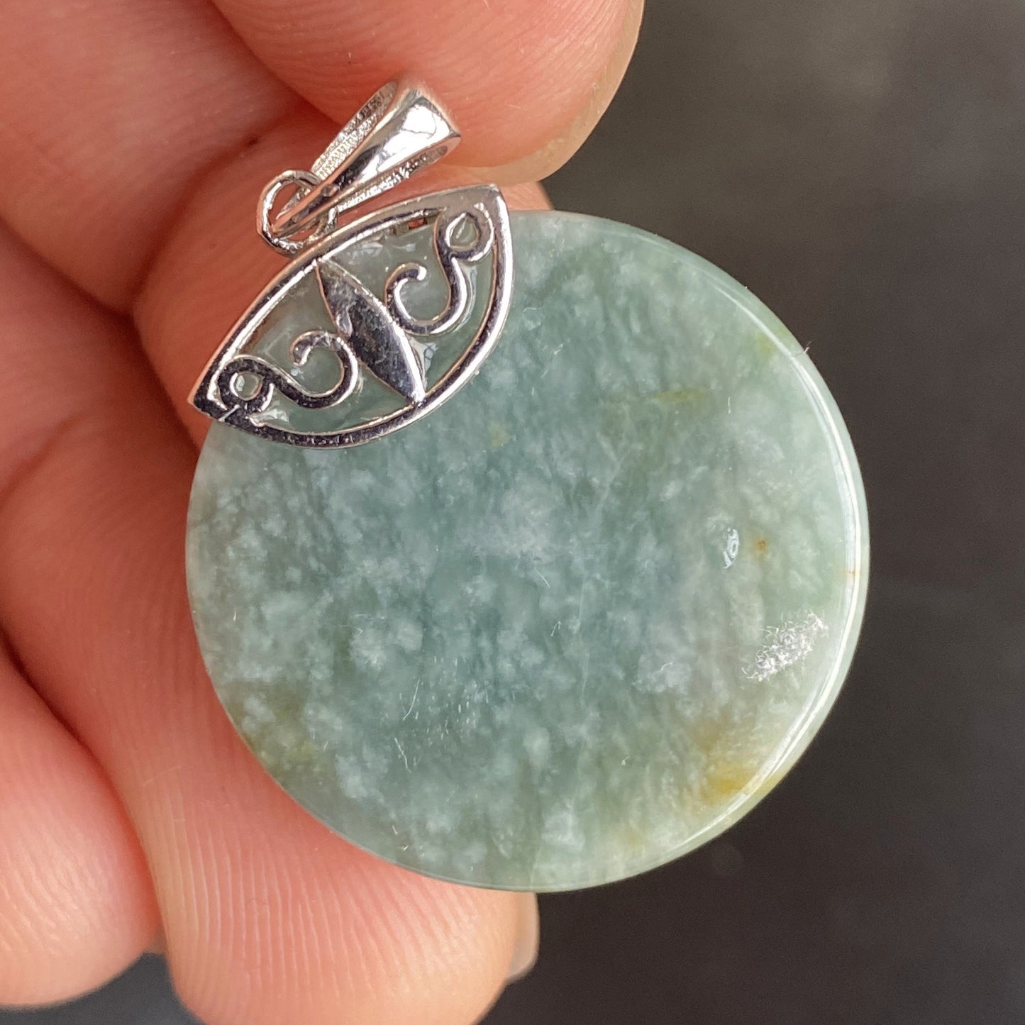 Natural Guatemalan jadeite Light Translucent Blue Grade A jade Round Circle pendant with 925 Sterling Silver button bail necklace jade bead