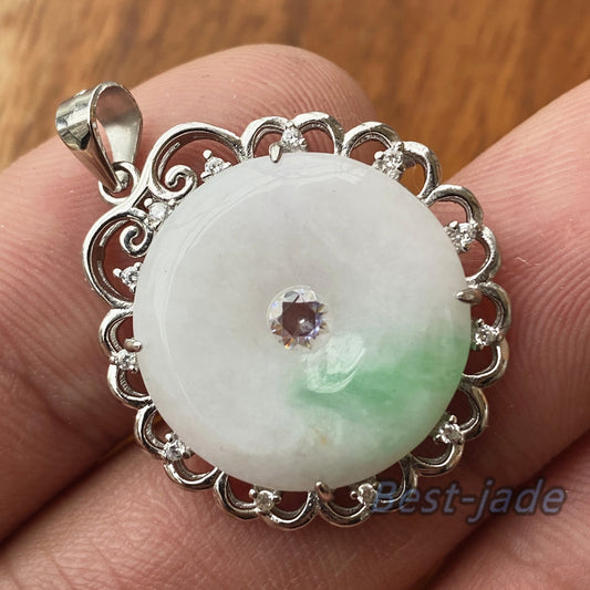 Fashion Donut Natural  Grade A Jadeite Green Burma jade green Lady pendant with 925 Sterling Silver button