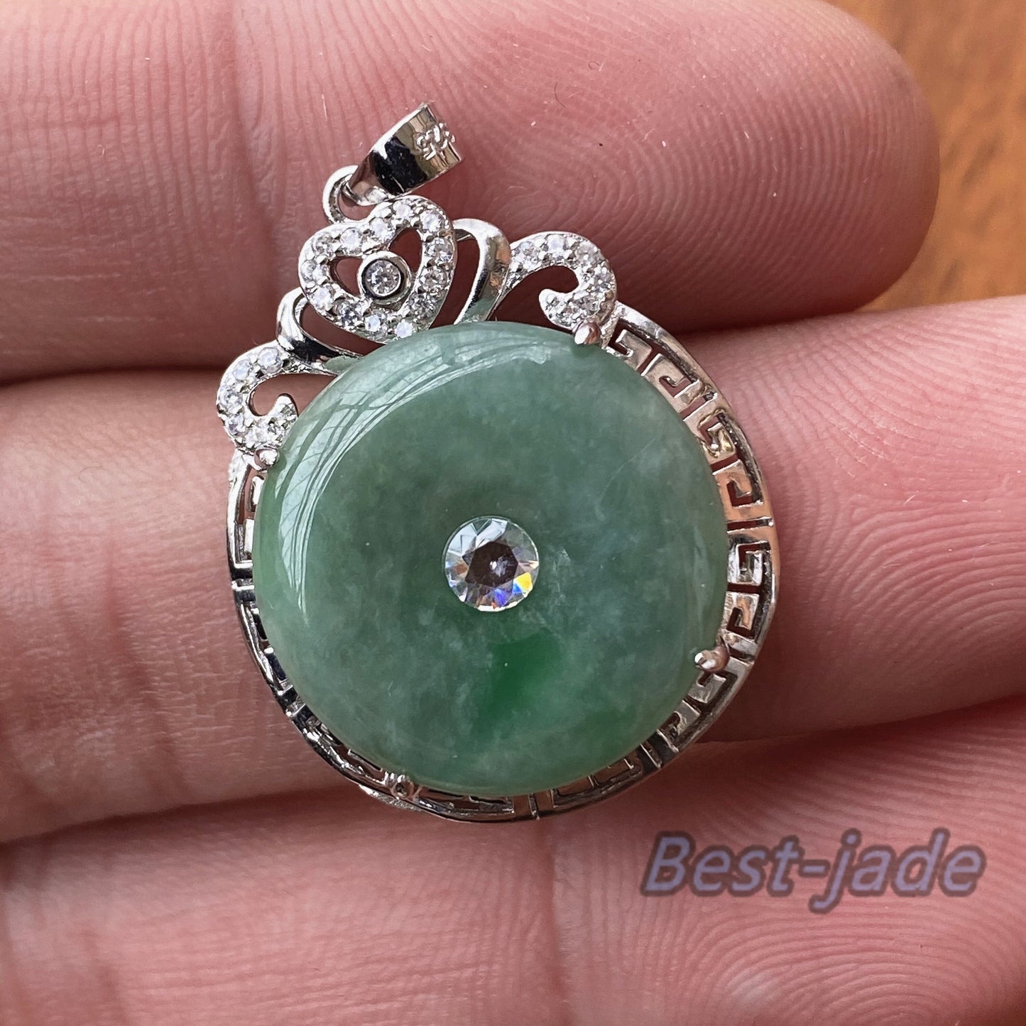 Natural Hot Green Grade A Jadeite Burma jade Female Doughnut pendant with 925 Sterling Silver button bail necklace