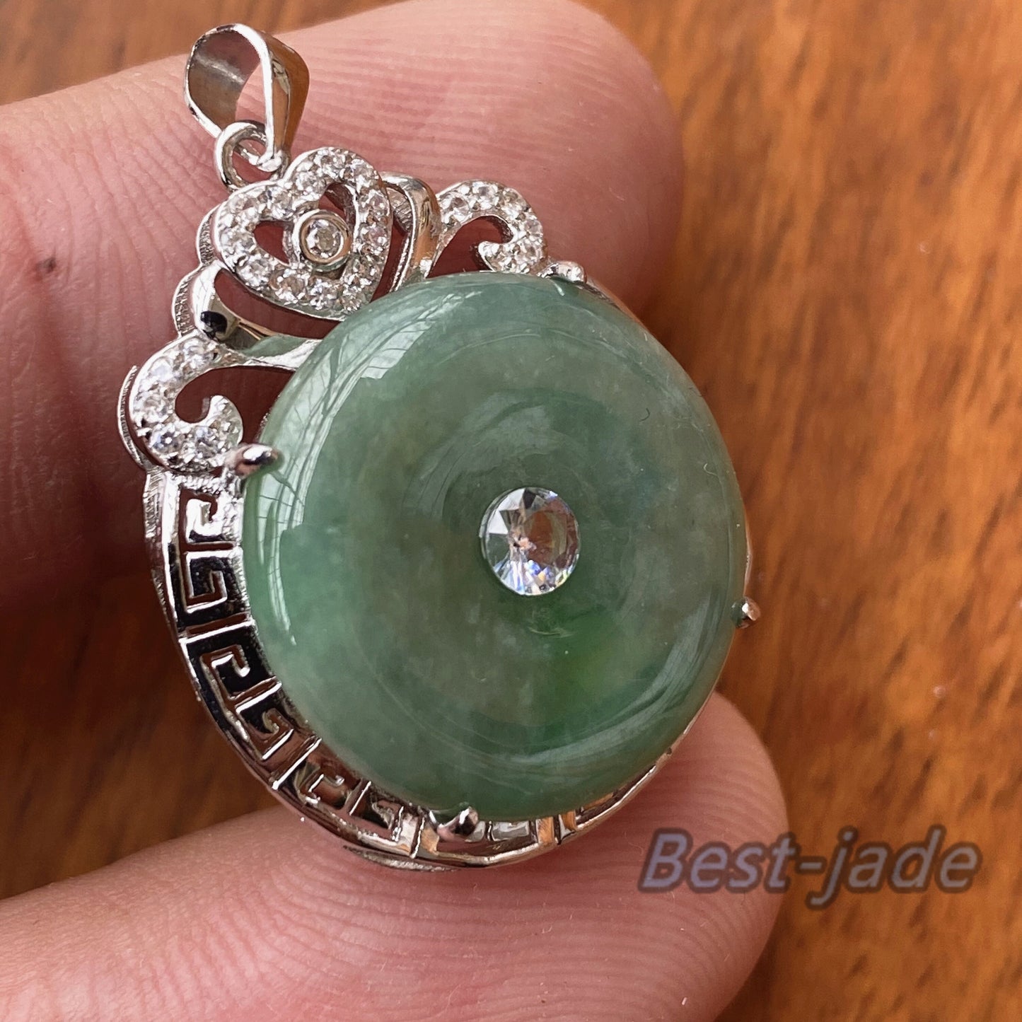 Natural Hot Green Grade A Jadeite Burma jade Female Doughnut pendant with 925 Sterling Silver button bail necklace