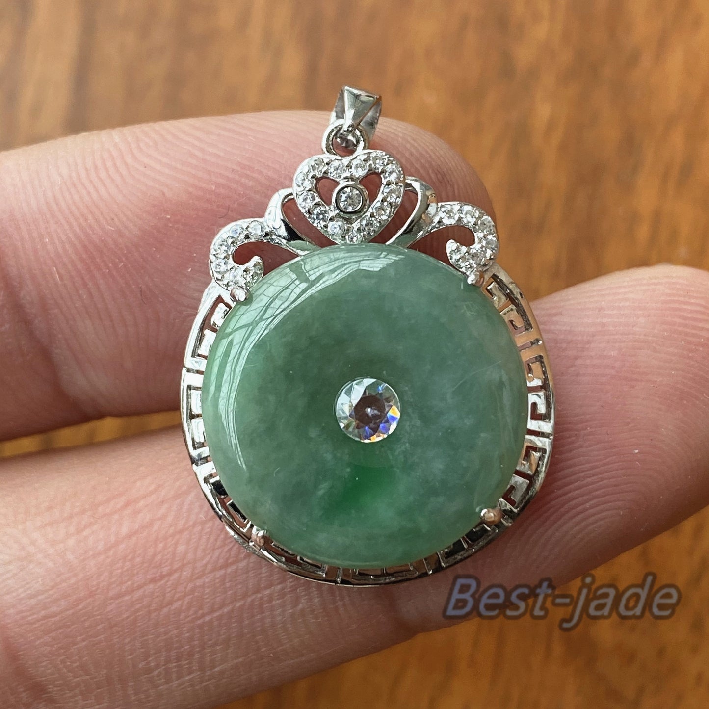 Natural Hot Green Grade A Jadeite Burma jade Female Doughnut pendant with 925 Sterling Silver button bail necklace