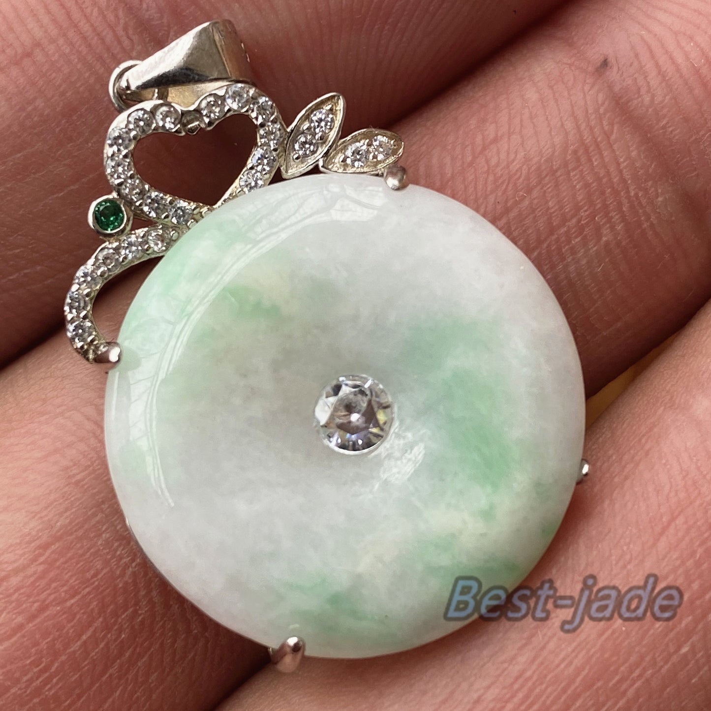 Fashion Donut Natural  Grade A Jadeite Green Burma jade green Lady pendant with 925 Sterling Silver button