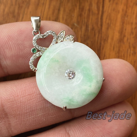 Fashion Donut Natural  Grade A Jadeite Green Burma jade green Lady pendant with 925 Sterling Silver button