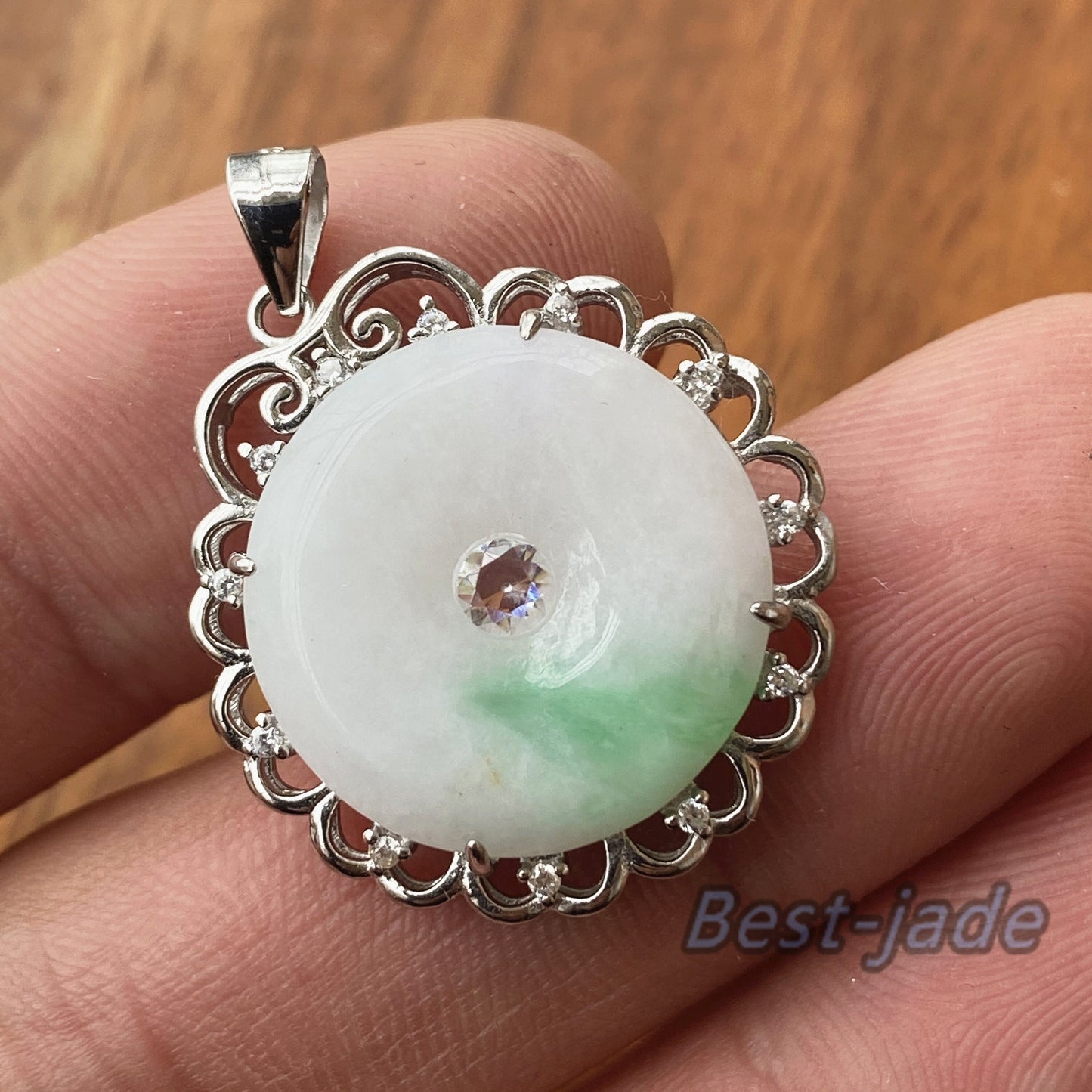 Fashion Donut Natural  Grade A Jadeite Green Burma jade green Lady pendant with 925 Sterling Silver button