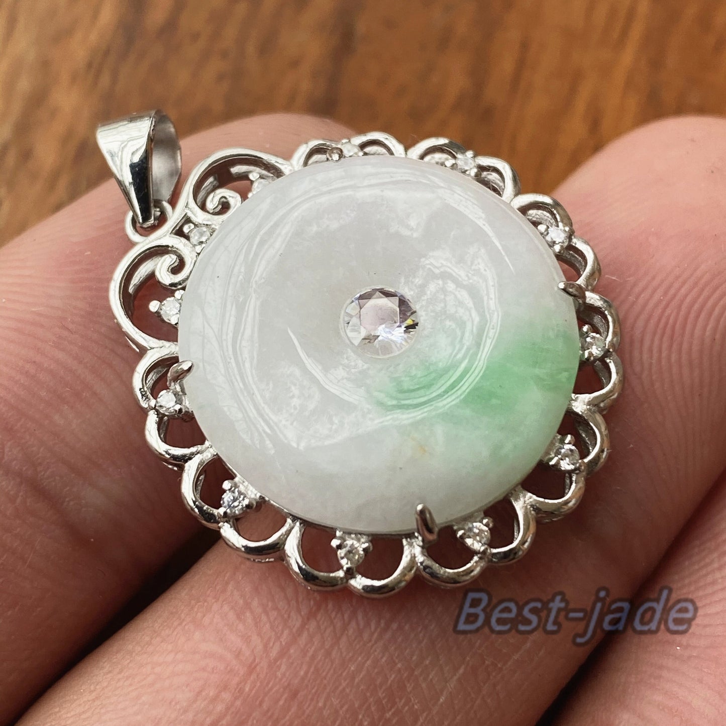 Fashion Donut Natural  Grade A Jadeite Green Burma jade green Lady pendant with 925 Sterling Silver button