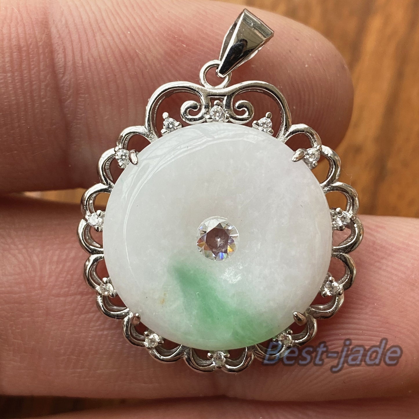 Fashion Donut Natural  Grade A Jadeite Green Burma jade green Lady pendant with 925 Sterling Silver button