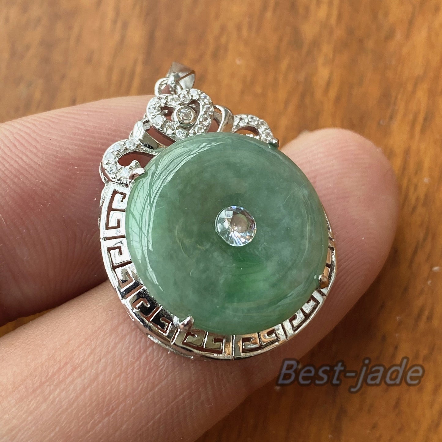 Natural Hot Green Grade A Jadeite Burma jade Female Doughnut pendant with 925 Sterling Silver button bail necklace