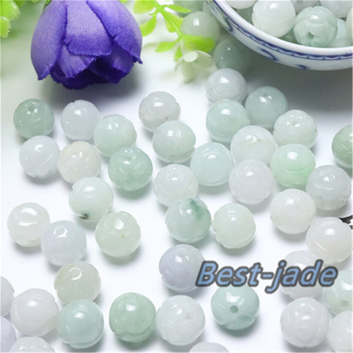 100PCS 7-13mm Real Grade A Jade lotus flower Bead Burma Jadeite White jade Earrings Ball hand carved DIY Jewelry gift