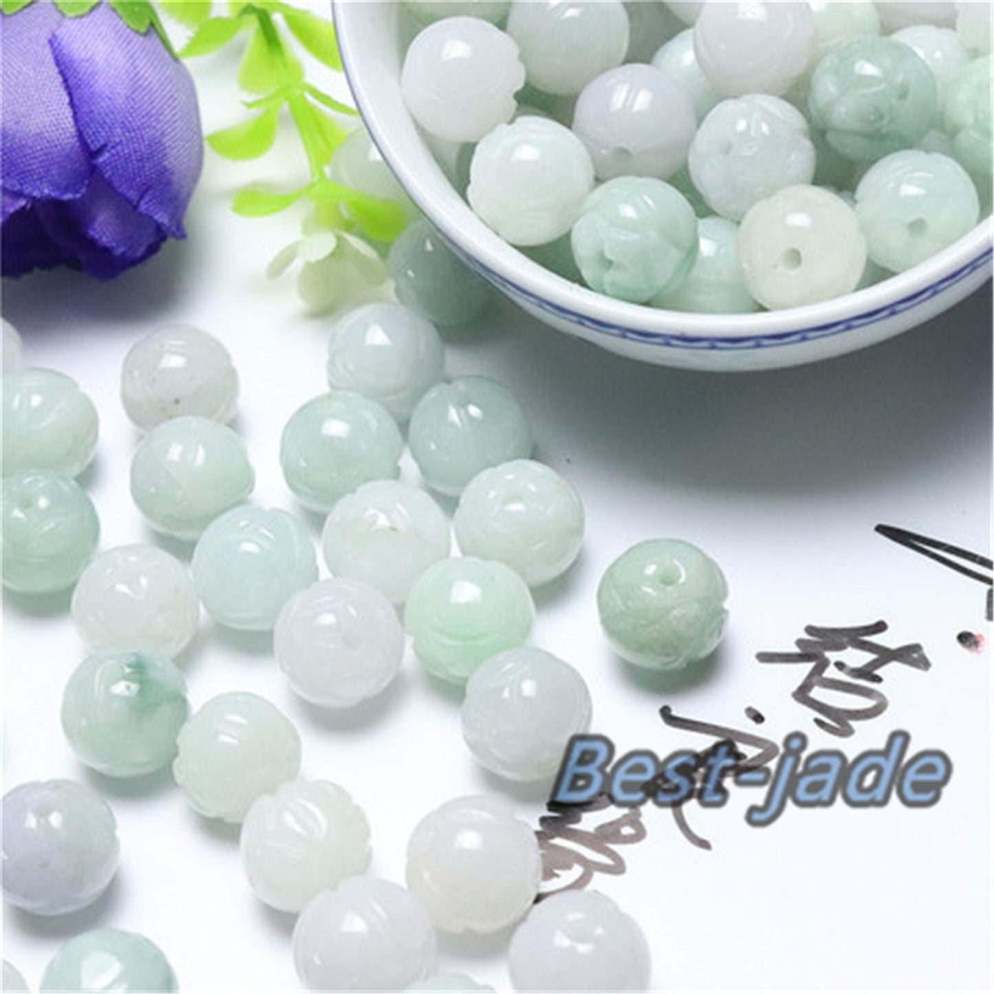 100PCS 7-13mm Real Grade A Jade lotus flower Bead Burma Jadeite White jade Earrings Ball hand carved DIY Jewelry gift