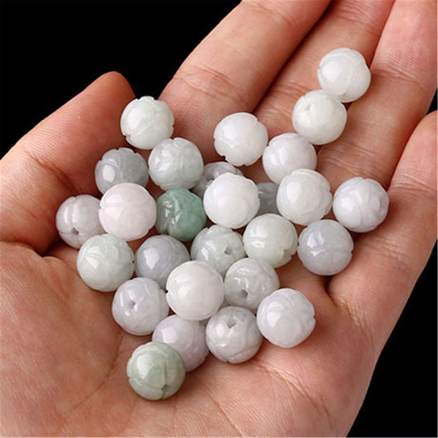 100PCS 7-13mm Real Grade A Jade lotus flower Bead Burma Jadeite White jade Earrings Ball hand carved DIY Jewelry gift