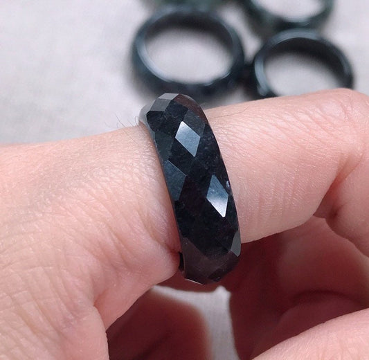 US size 4-9  Diamond Cut Multi Facet ring black jadeite cut Ring Natural Grade A Jadeite Burma Jade Lady Myanmar jade jewelry gift