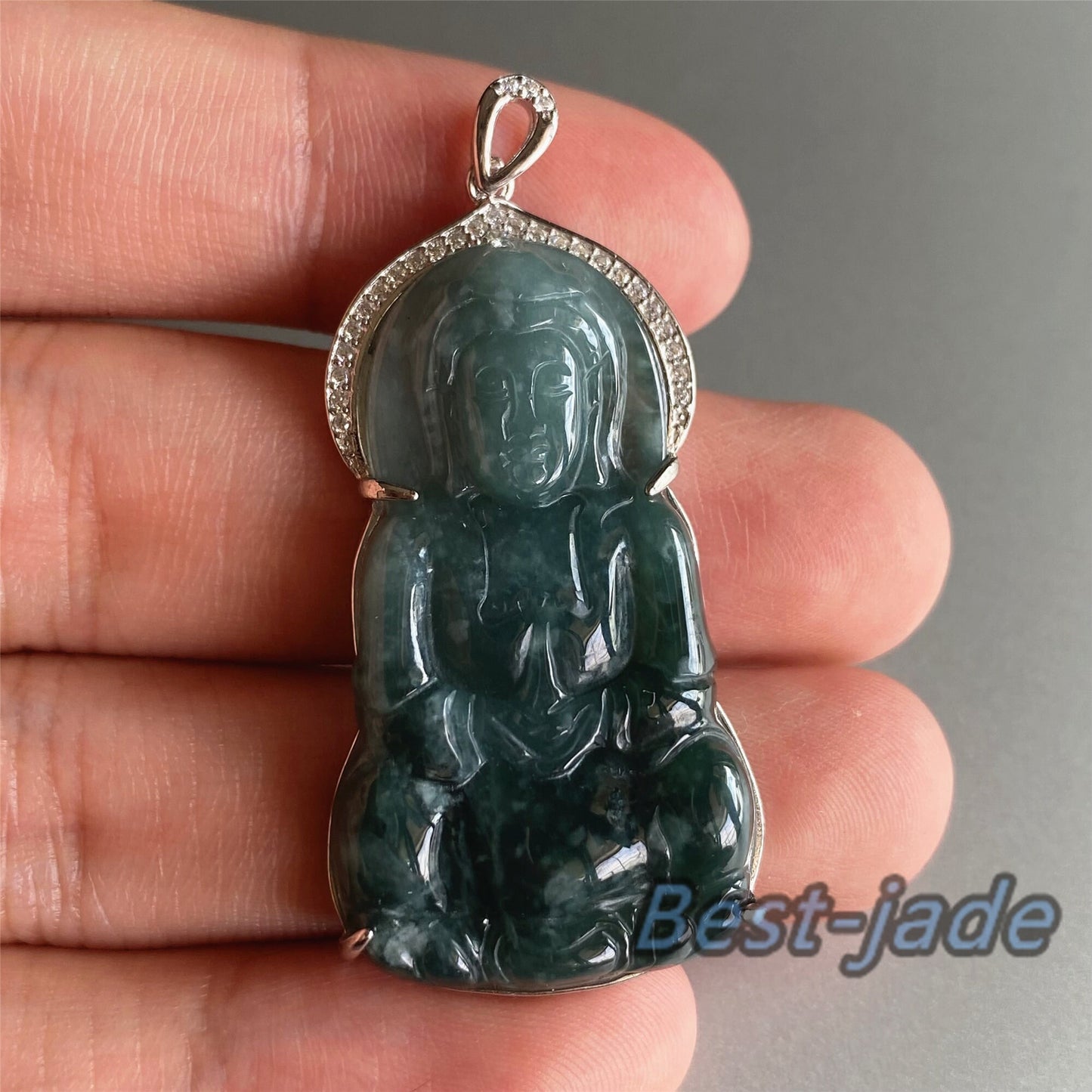 Natural Guatemalan jadeite Translucent Blue Grade A jade Guan yin Buddha pendant with 925 Sterling Silver button bail necklace jade bead