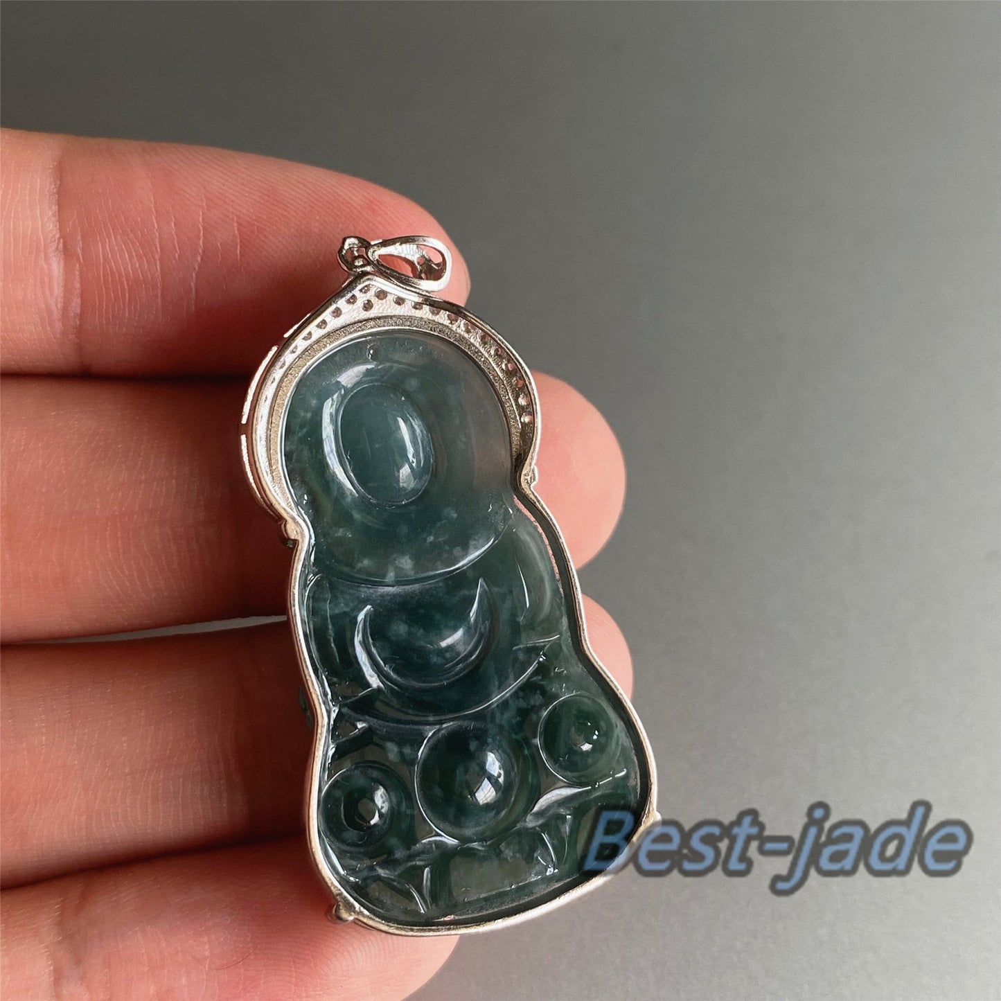 Natural Guatemalan jadeite Translucent Blue Grade A jade Guan yin Buddha pendant with 925 Sterling Silver button bail necklace jade bead