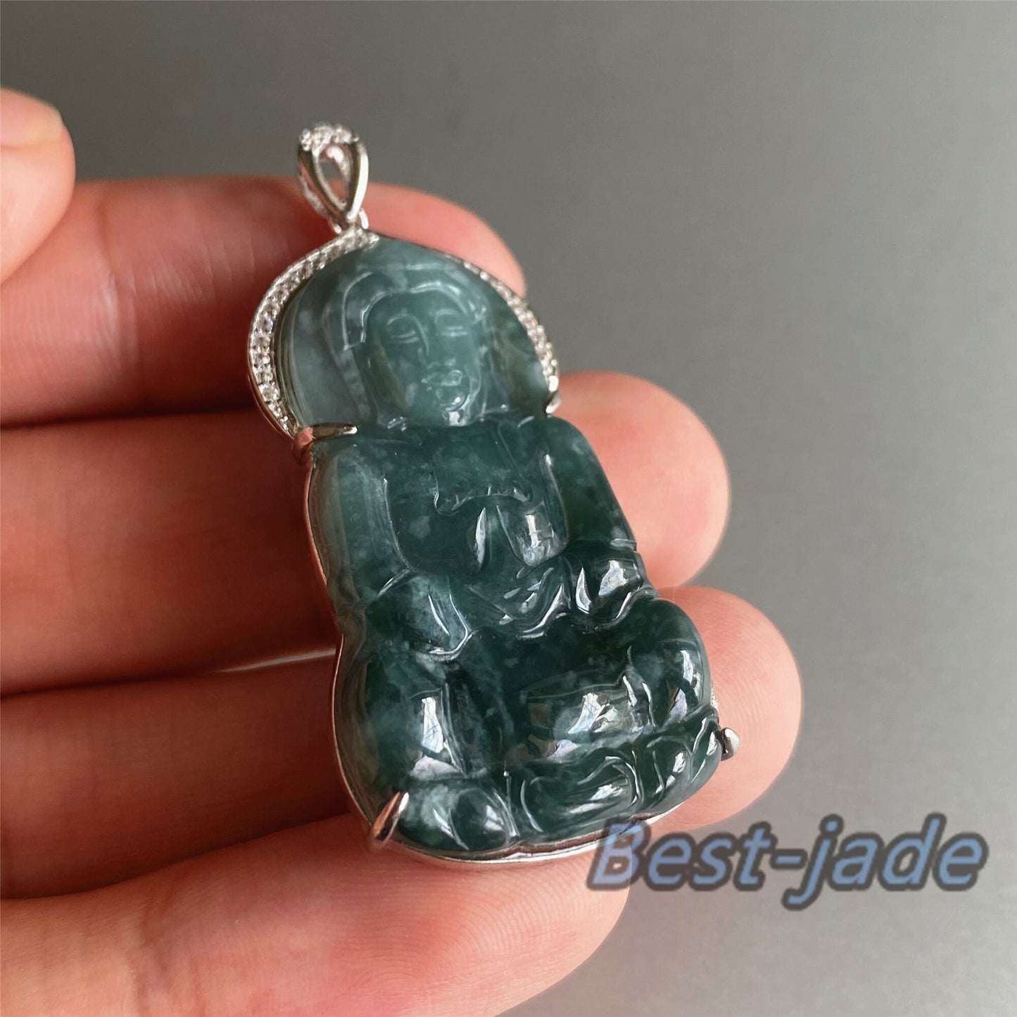 Natural Guatemalan jadeite Translucent Blue Grade A jade Guan yin Buddha pendant with 925 Sterling Silver button bail necklace jade bead