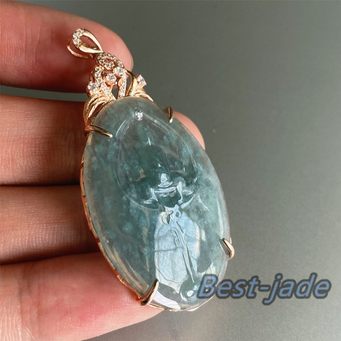 Natural Guatemalan jadeite Translucent Blue Grade A jade Guan yin Buddha pendant with 925 Sterling Silver button bail necklace jade bead 弥勒佛