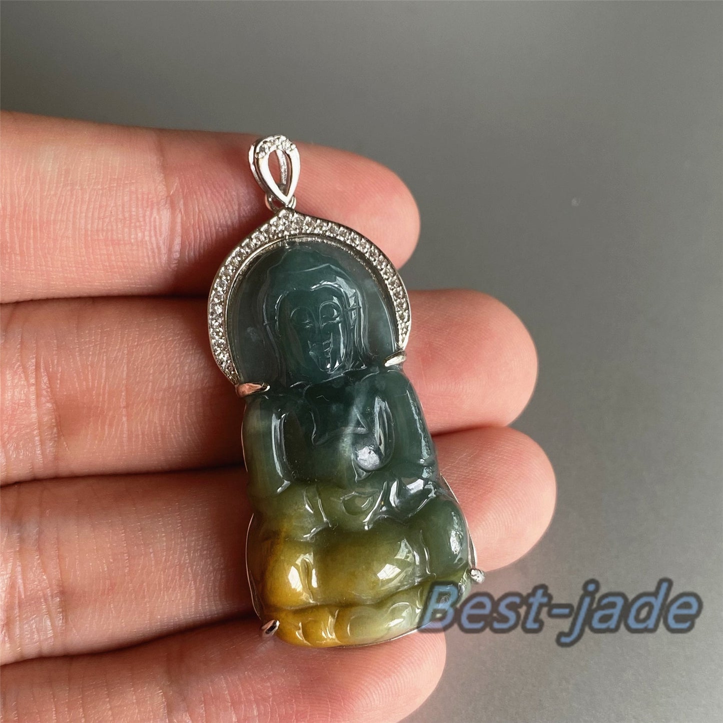 Natural Guatemalan jadeite Translucent Blue Grade A jade Guan yin Buddha pendant with 925 Sterling Silver button bail necklace jade bead 弥勒佛