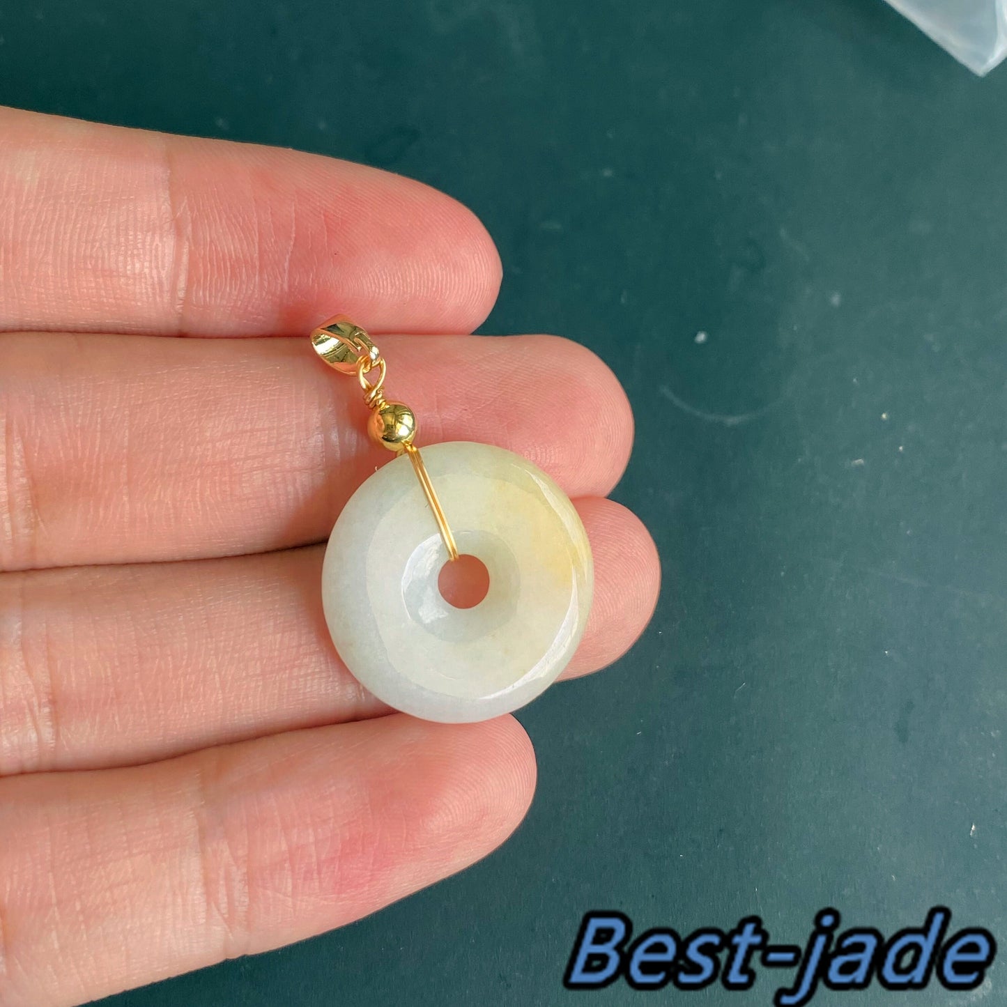 Natural Grade A Jadeite Burma jade Female Doughnut pendant with 14K Gold bail necklace