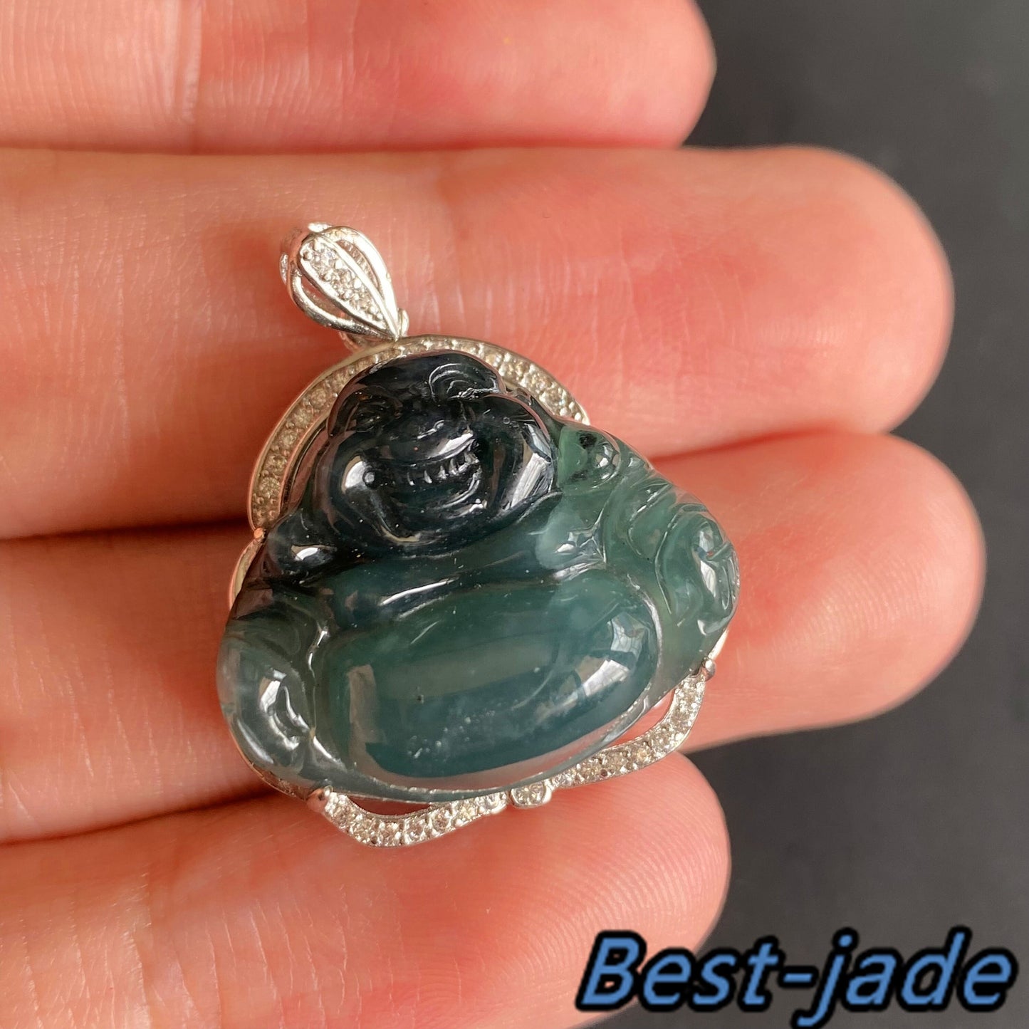 Natural Guatemalan jadeite Translucent Blue Grade A jade Guan yin Buddha pendant with 925 Sterling Silver button bail necklace jade bead 弥勒佛