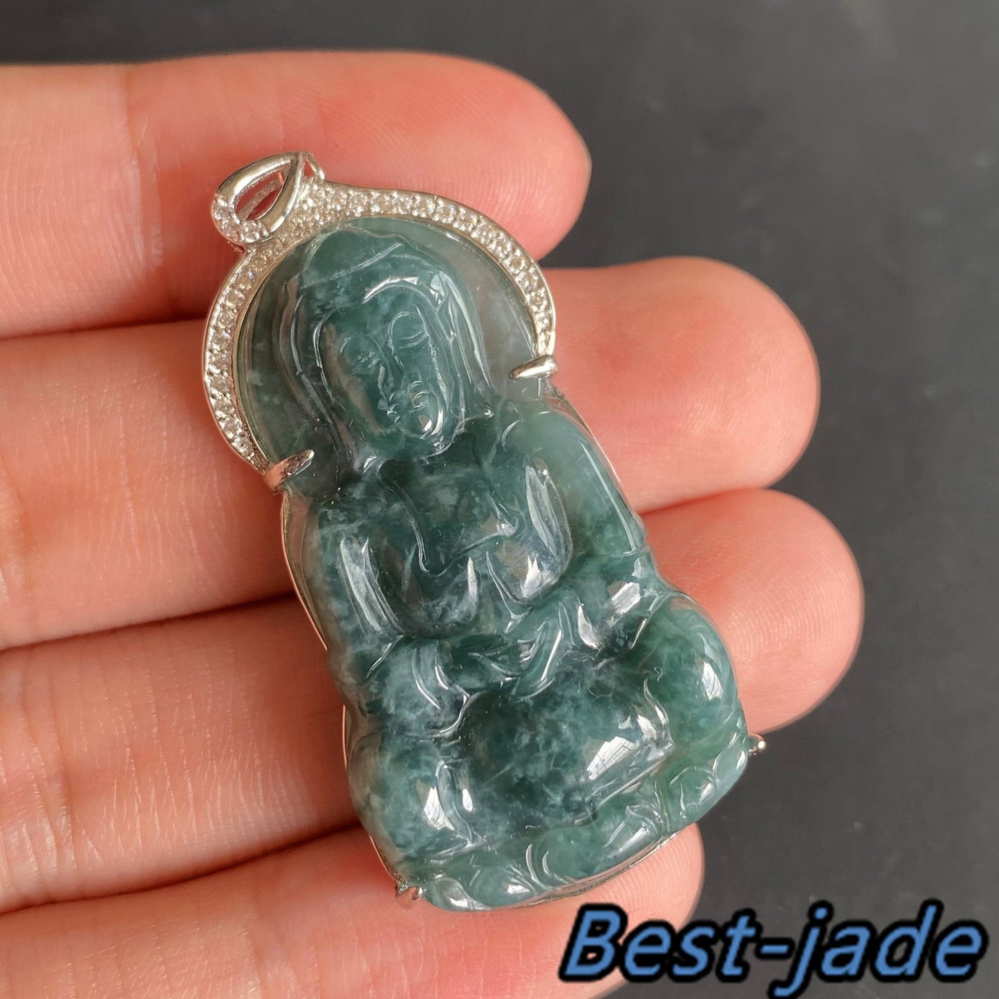 Natural Guatemalan jadeite Translucent Blue Grade A jade Guan yin Buddha pendant with 925 Sterling Silver button bail necklace jade bead 弥勒佛