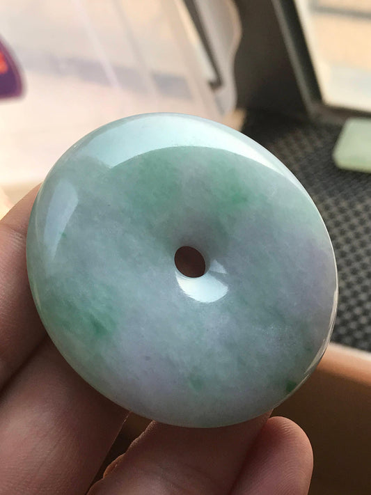 Natural BIG donut Purple lavender  green Pendant Ice Jade hand carved Round Grade A Jadeite Burma bead Necklace hangs falls Anhänger